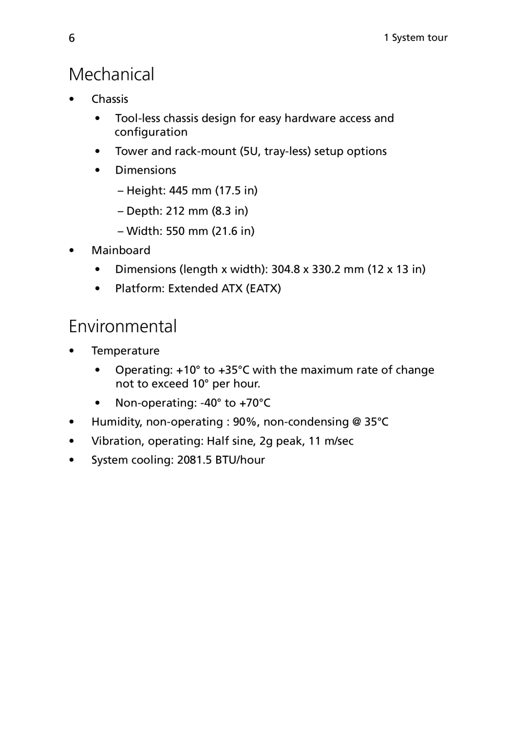 Acer G5450 Series manual Mechanical, Environmental 