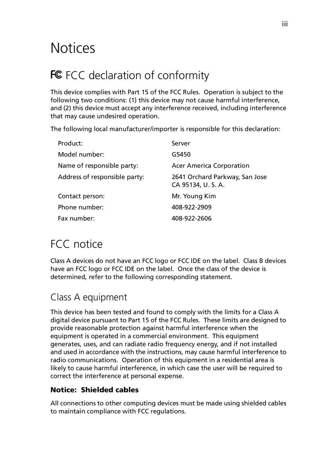 Acer G5450 Series manual FCC declaration of conformity, FCC notice, Class a equipment 