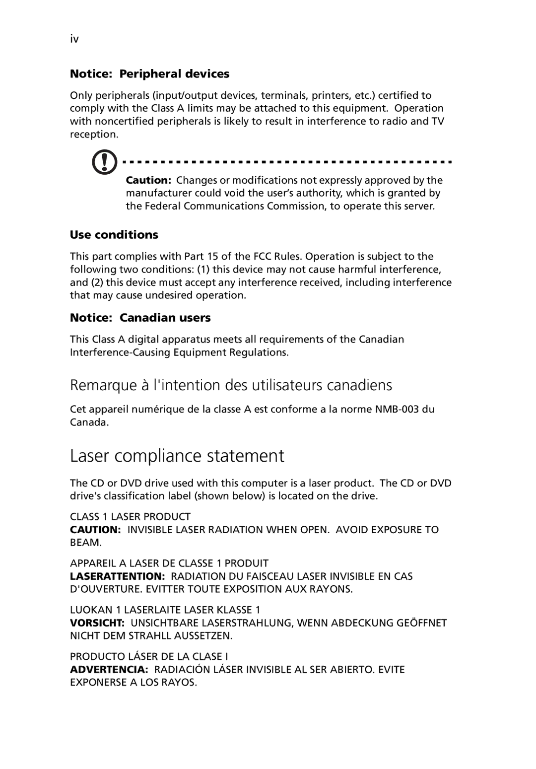 Acer G5450 Series manual Laser compliance statement, Remarque à lintention des utilisateurs canadiens 