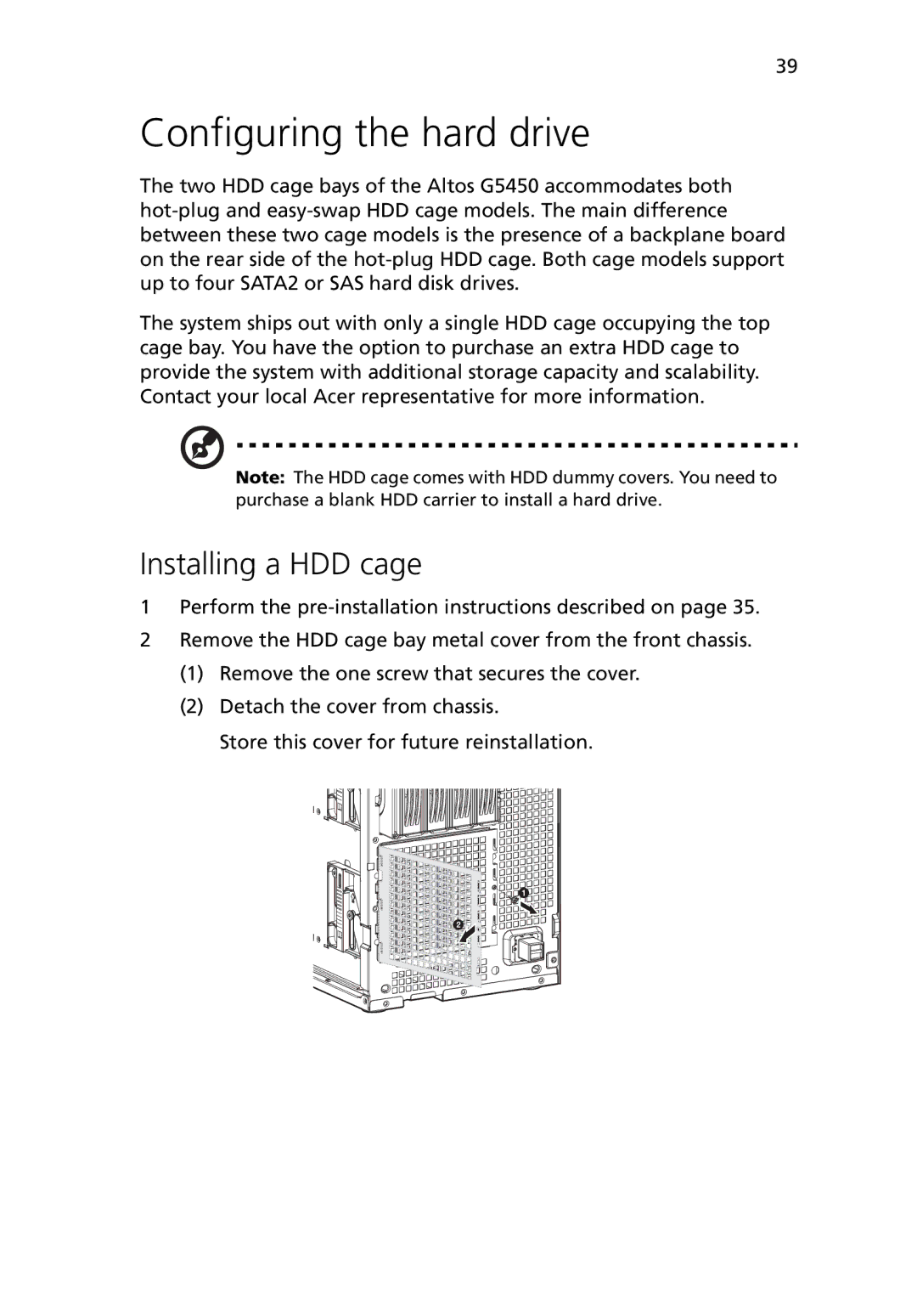 Acer G5450 Series manual Configuring the hard drive, Installing a HDD cage 