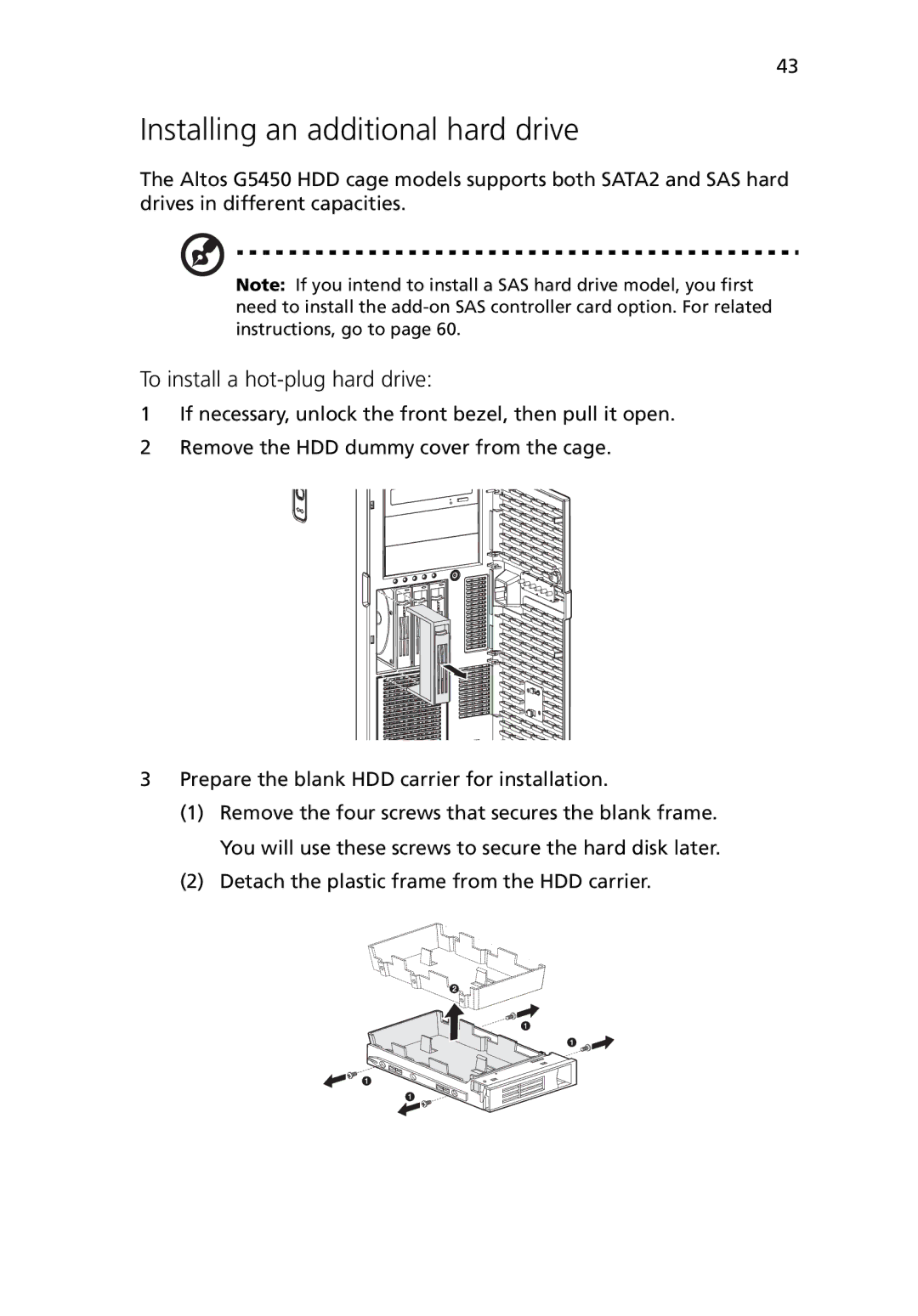 Acer G5450 Series manual Installing an additional hard drive, To install a hot-plug hard drive 