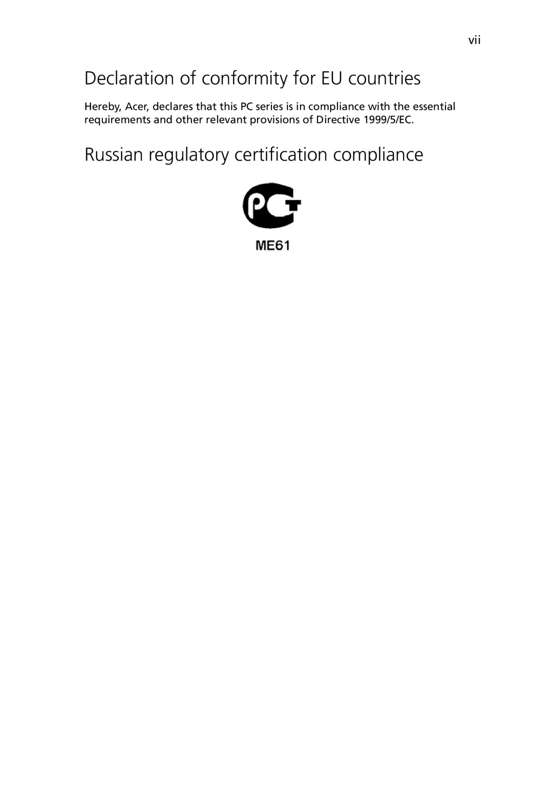 Acer G5450 Series manual Declaration of conformity for EU countries, Russian regulatory certification compliance 