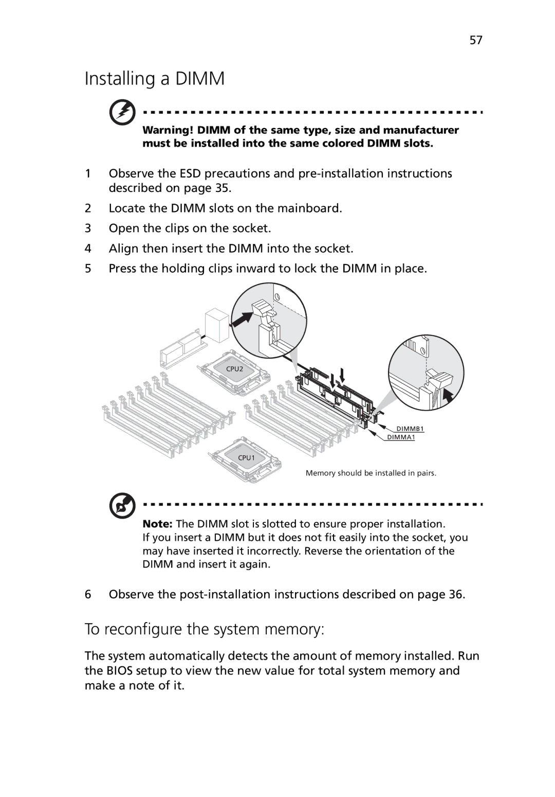 Acer G5450 Series manual Installing a Dimm, To reconfigure the system memory 