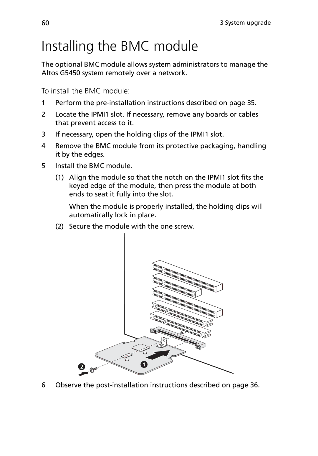 Acer G5450 Series manual Installing the BMC module, To install the BMC module 