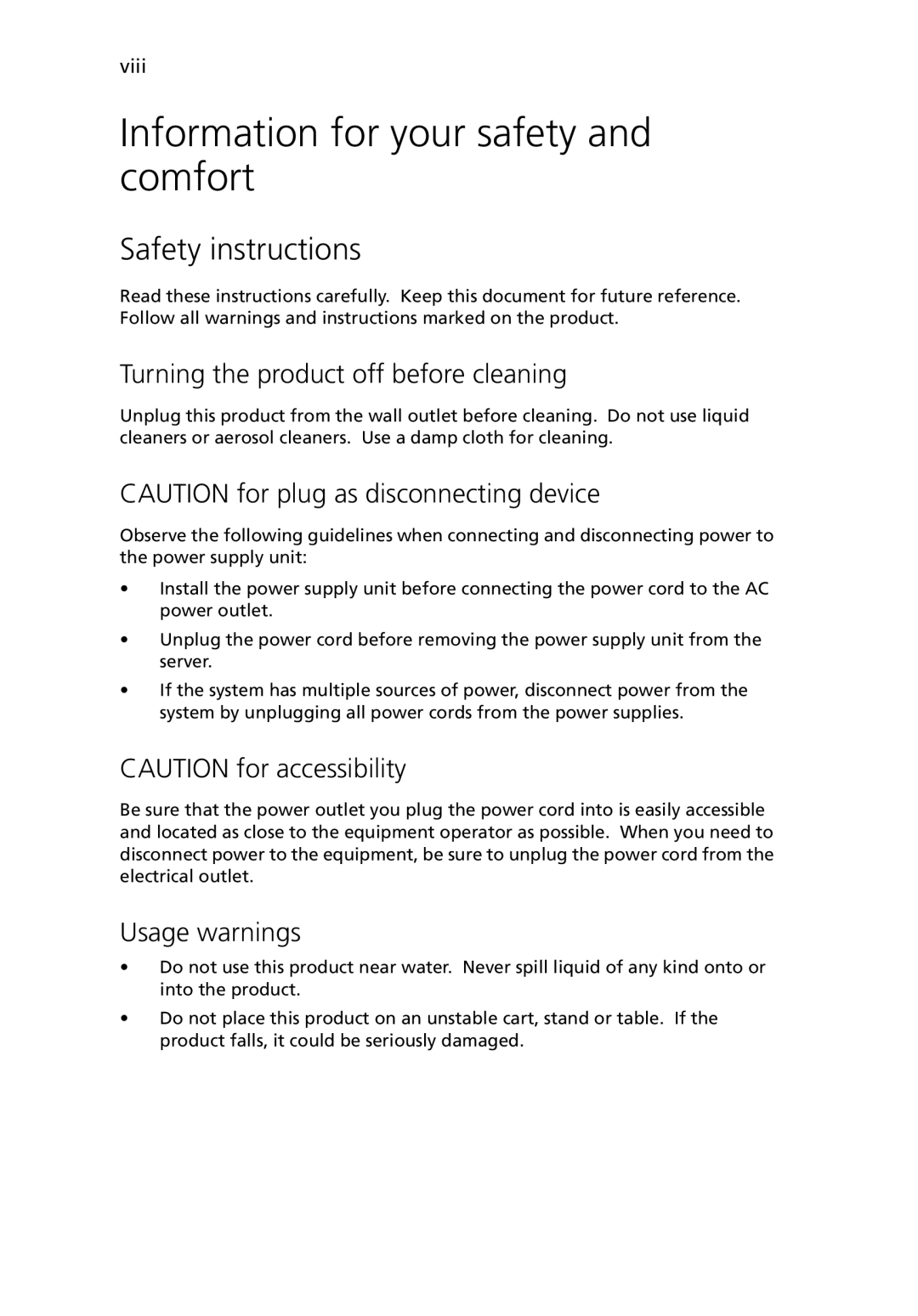 Acer G5450 Series Information for your safety and comfort, Safety instructions, Turning the product off before cleaning 