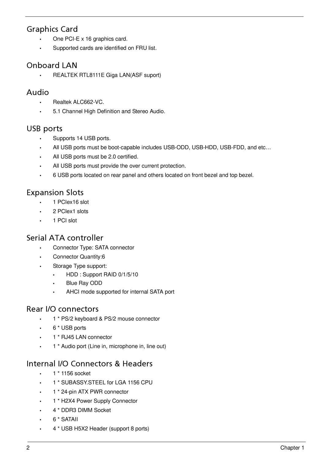 Acer G5900 manual Graphics Card, Onboard LAN, Audio, USB ports, Expansion Slots, Serial ATA controller, Rear I/O connectors 