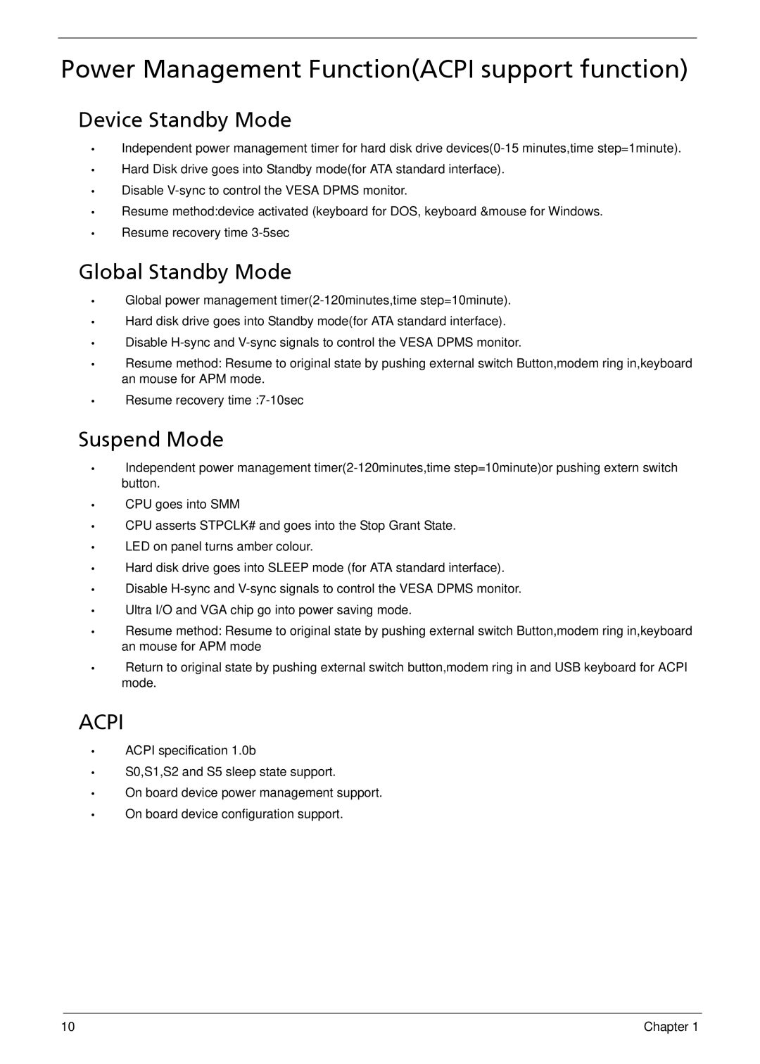 Acer G5900 manual Device Standby Mode, Global Standby Mode, Suspend Mode 