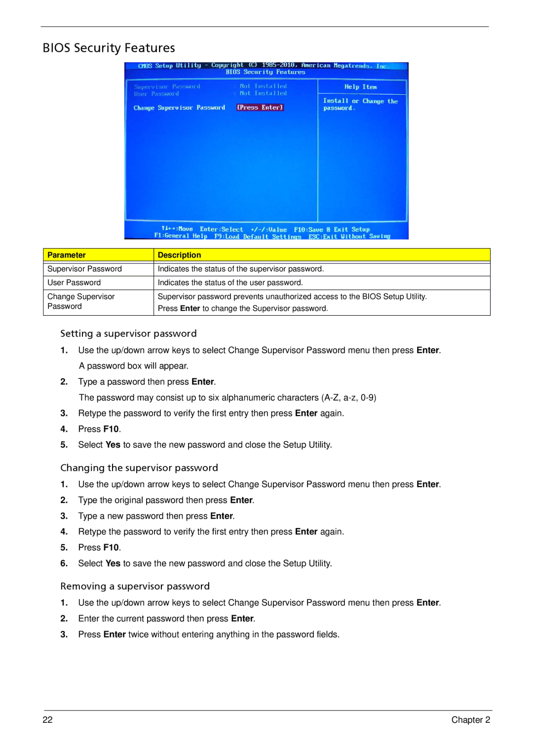 Acer G5900 manual Bios Security Features, Setting a supervisor password 