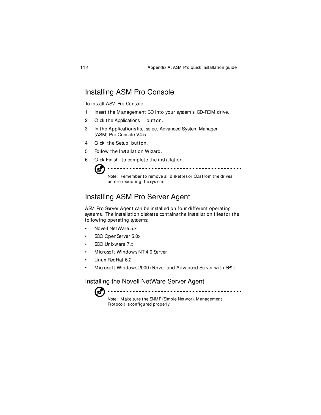 Acer G610 manual Installing ASM Pro Console, Installing ASM Pro Server Agent, Installing the Novell NetWare Server Agent 