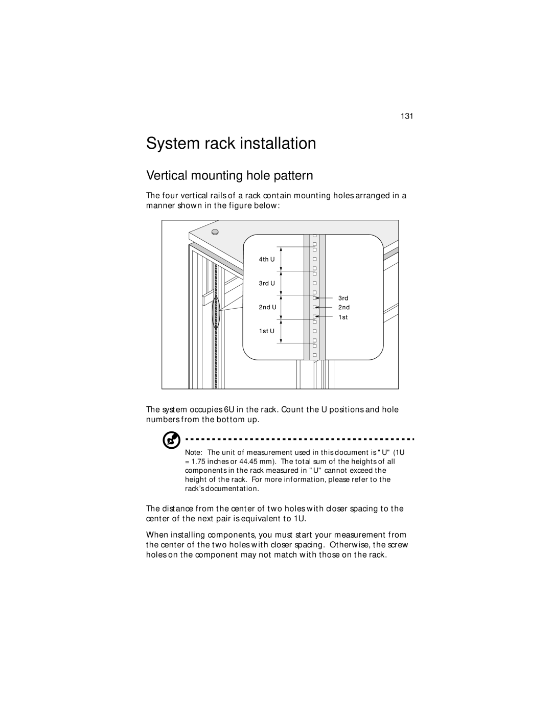 Acer G610 manual System rack installation, Vertical mounting hole pattern 