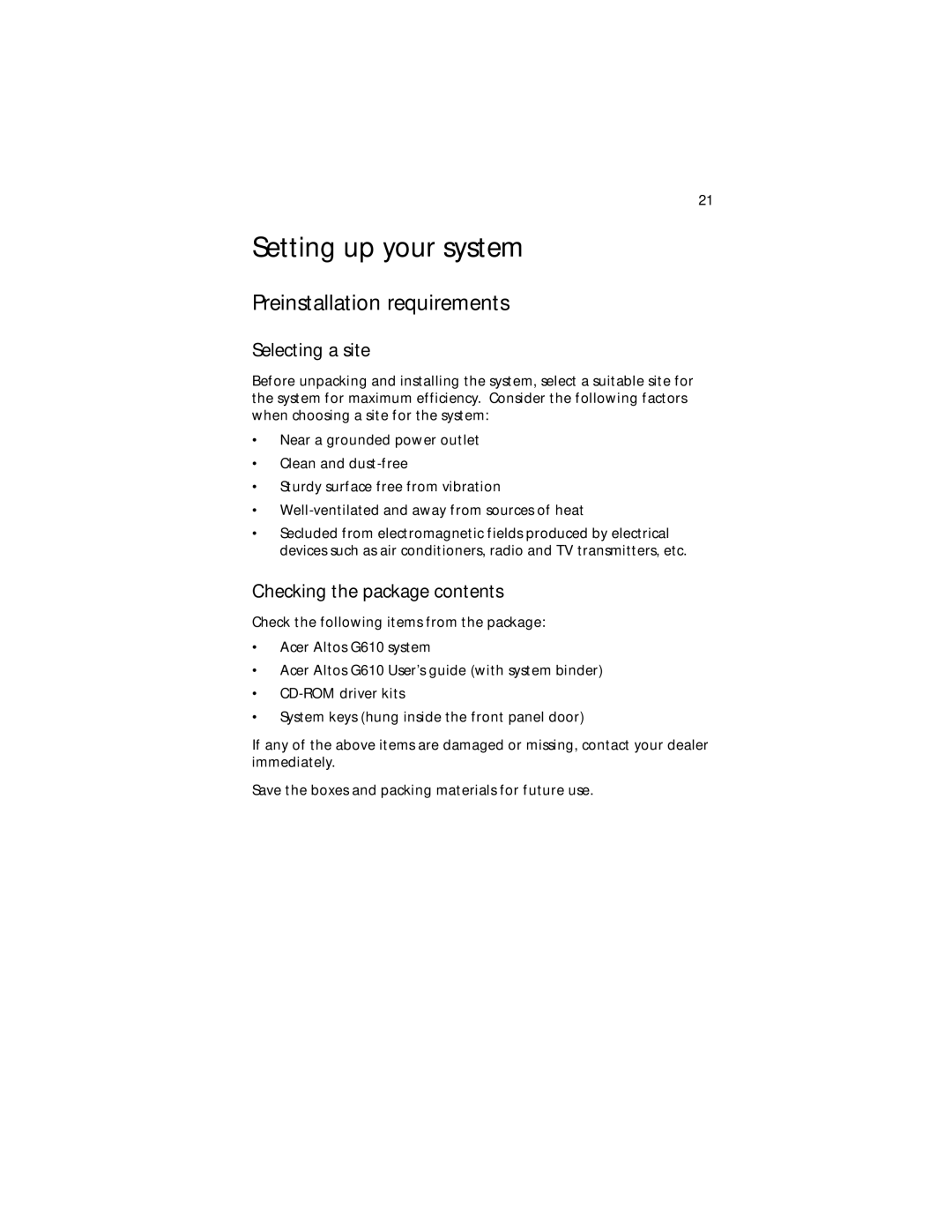 Acer G610 manual Setting up your system, Preinstallation requirements, Selecting a site, Checking the package contents 