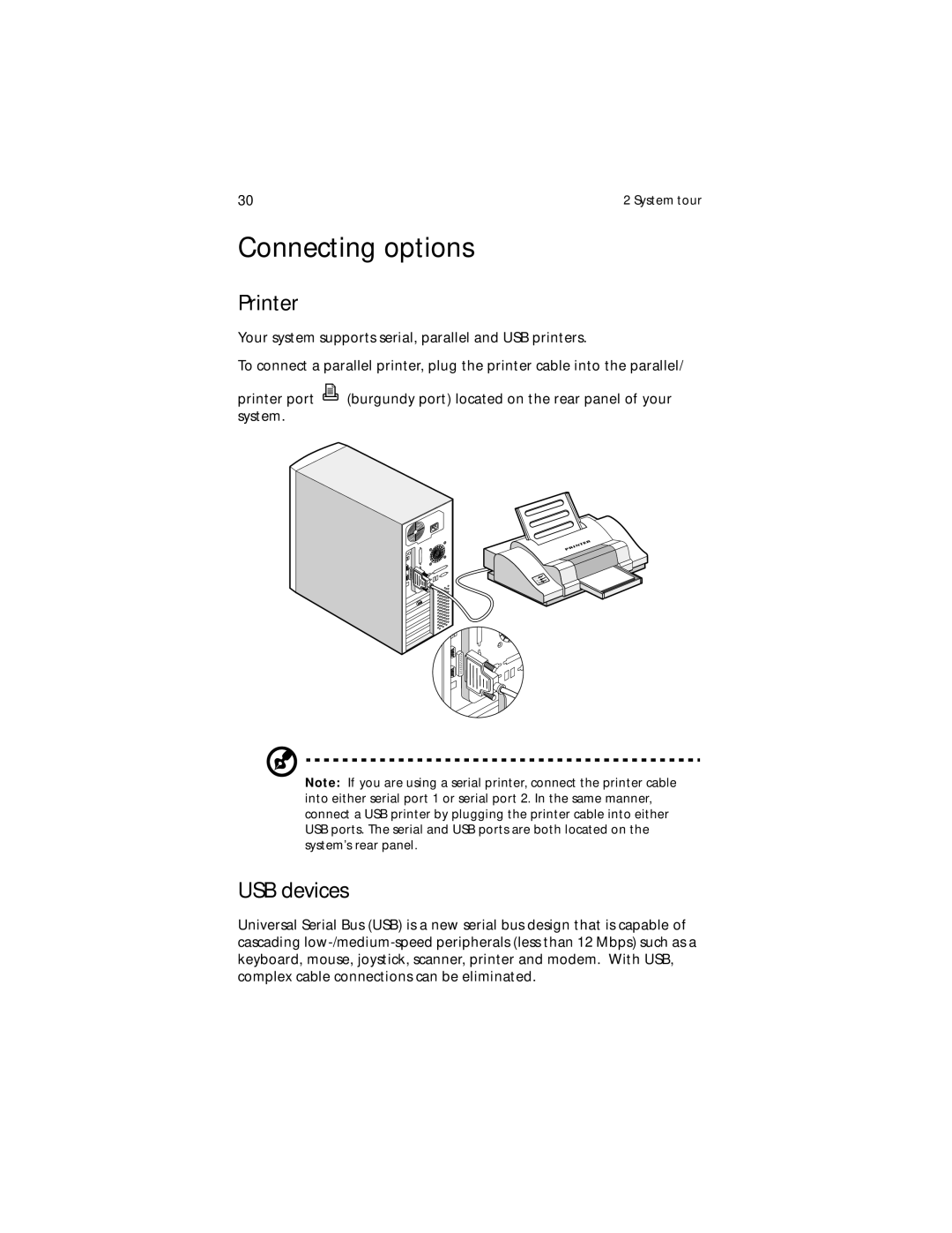 Acer G610 manual Connecting options, Printer, USB devices 