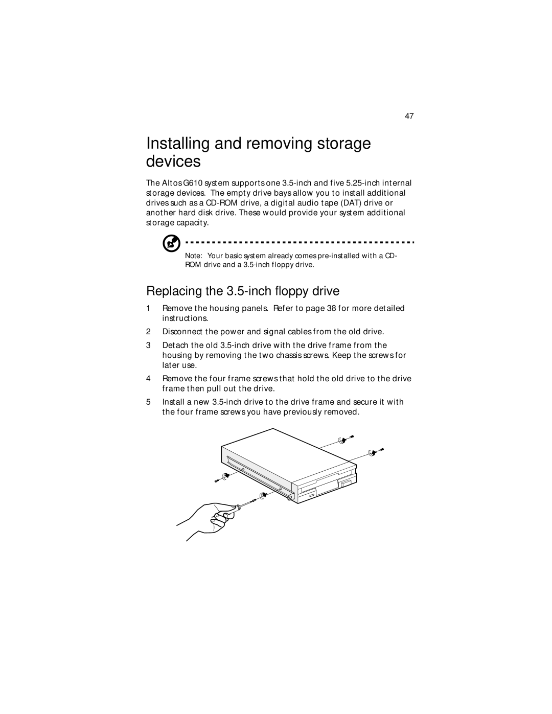 Acer G610 manual Installing and removing storage devices, Replacing the 3.5-inch floppy drive 