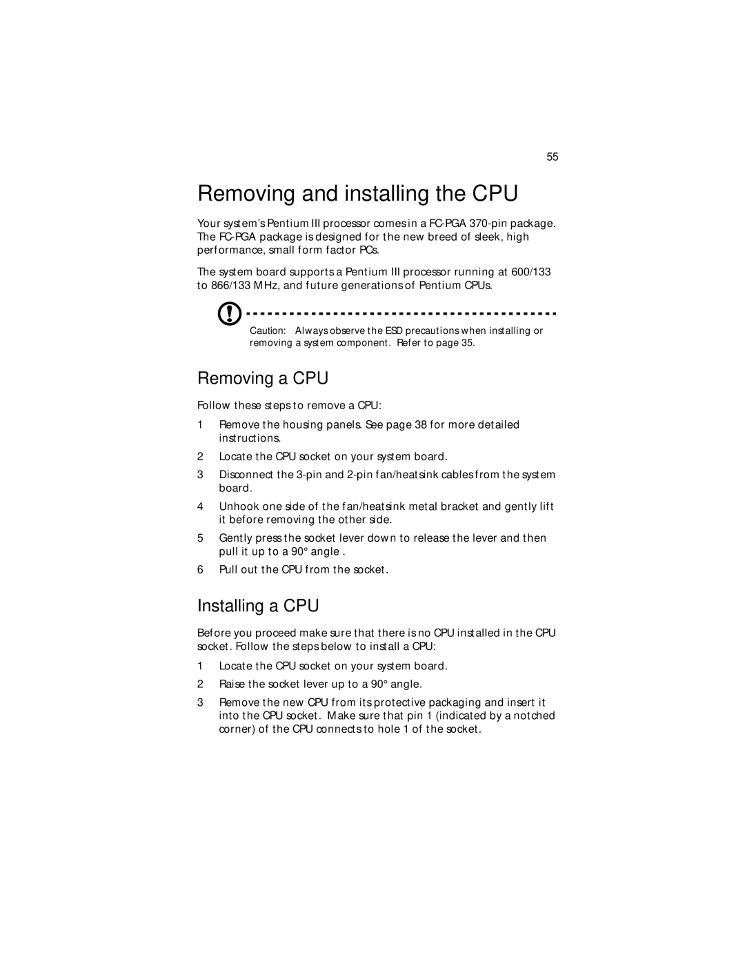 Acer G610 manual Removing and installing the CPU, Removing a CPU, Installing a CPU 