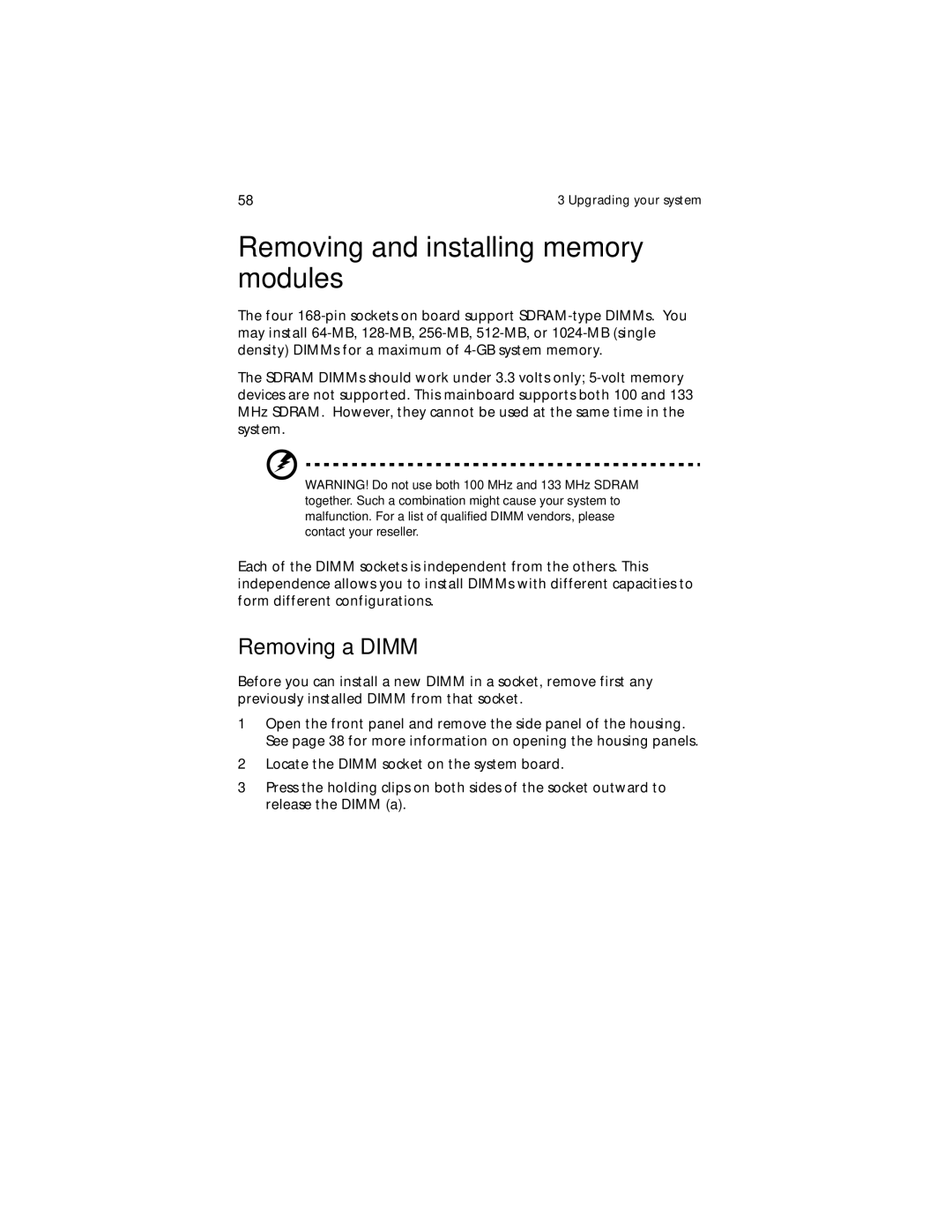 Acer G610 manual Removing and installing memory modules, Removing a Dimm 