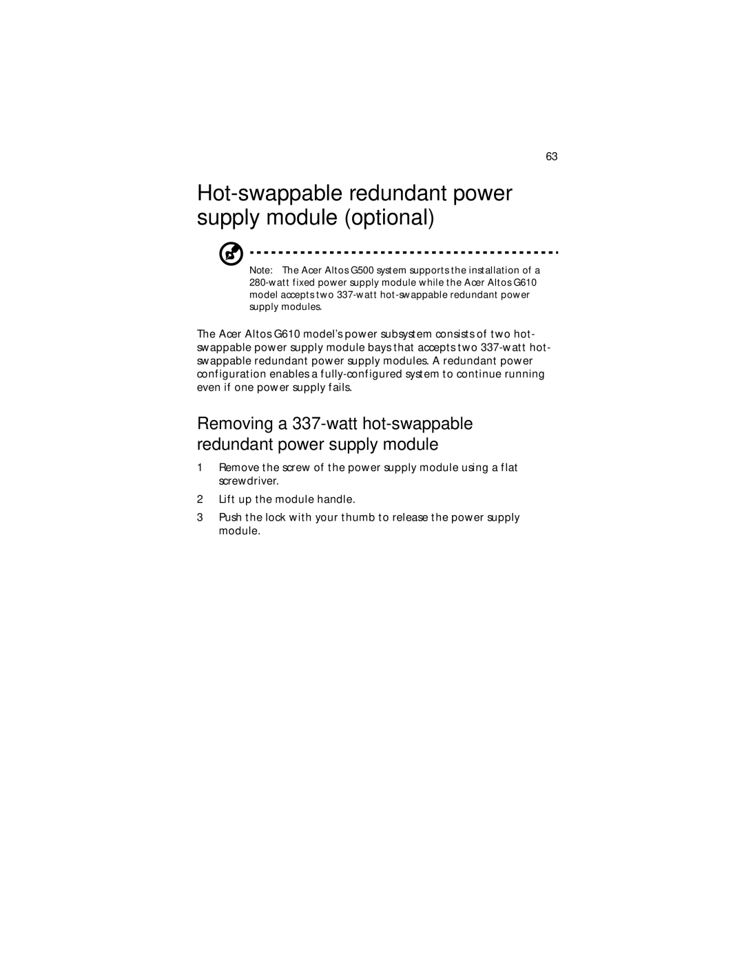 Acer G610 manual Hot-swappable redundant power supply module optional 