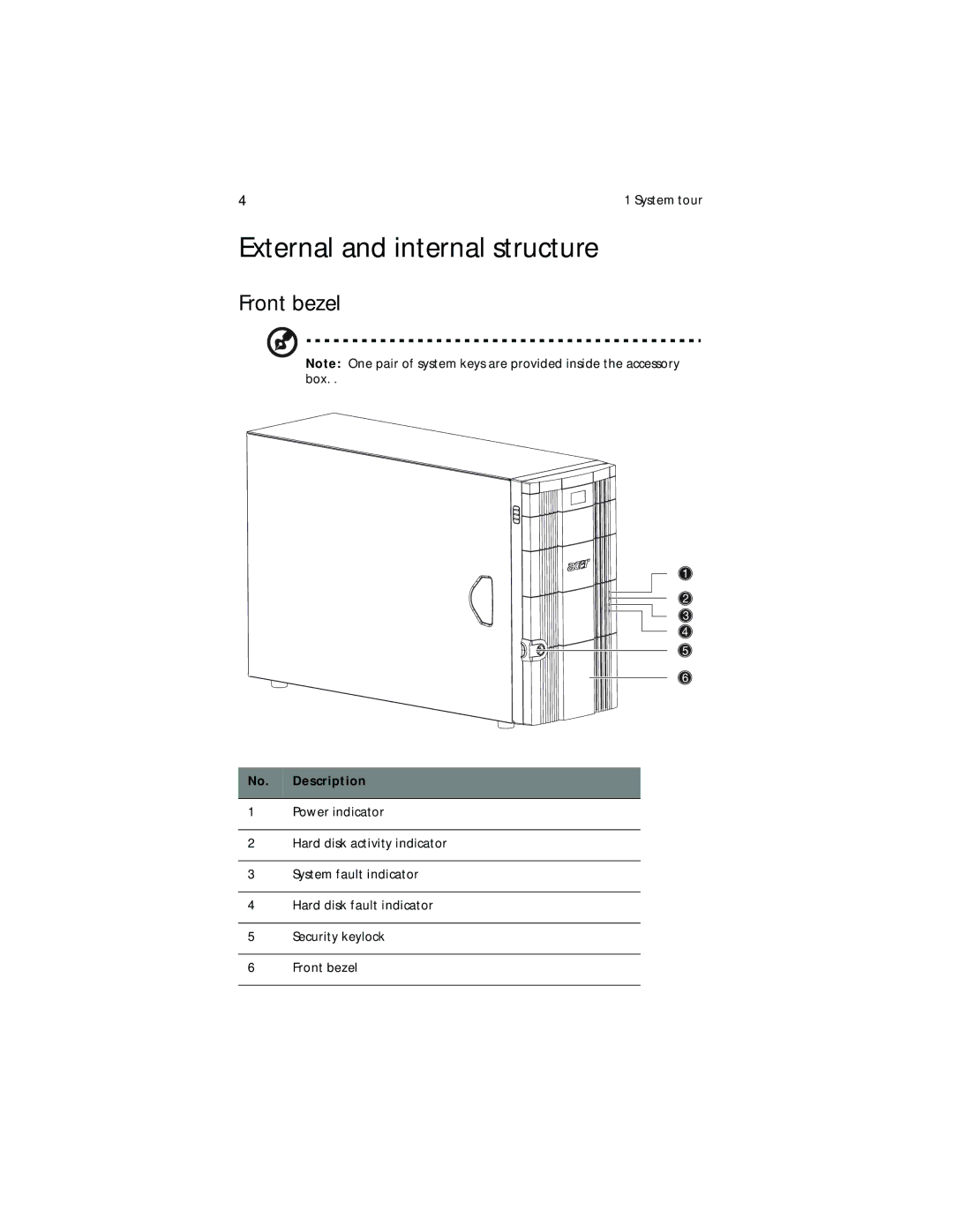 Acer G700 series, G701 manual External and internal structure, Front bezel 