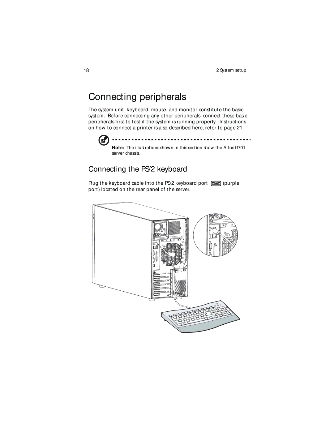 Acer G700 series, G701 manual Connecting peripherals, Connecting the PS/2 keyboard 