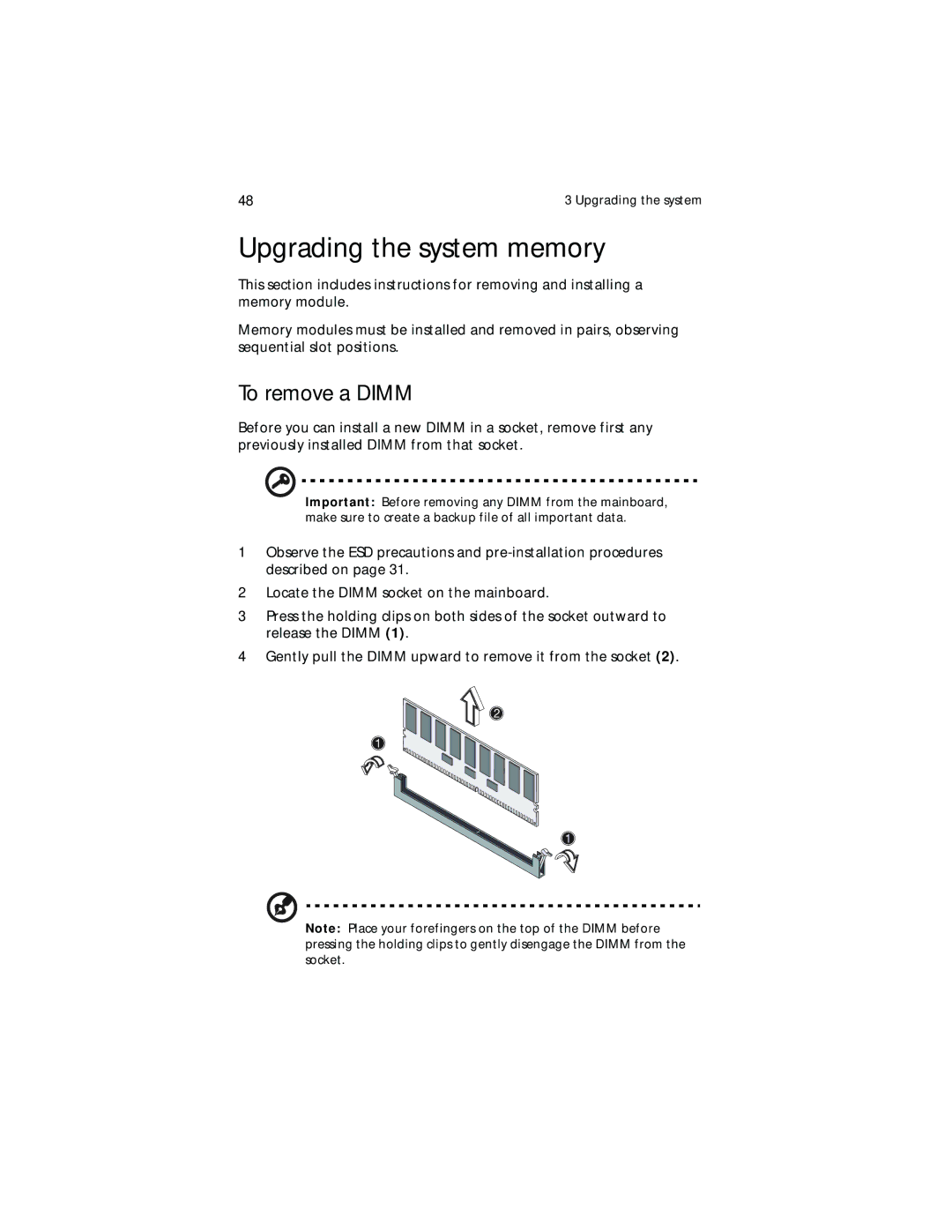 Acer G700 series, G701 manual Upgrading the system memory, To remove a Dimm 