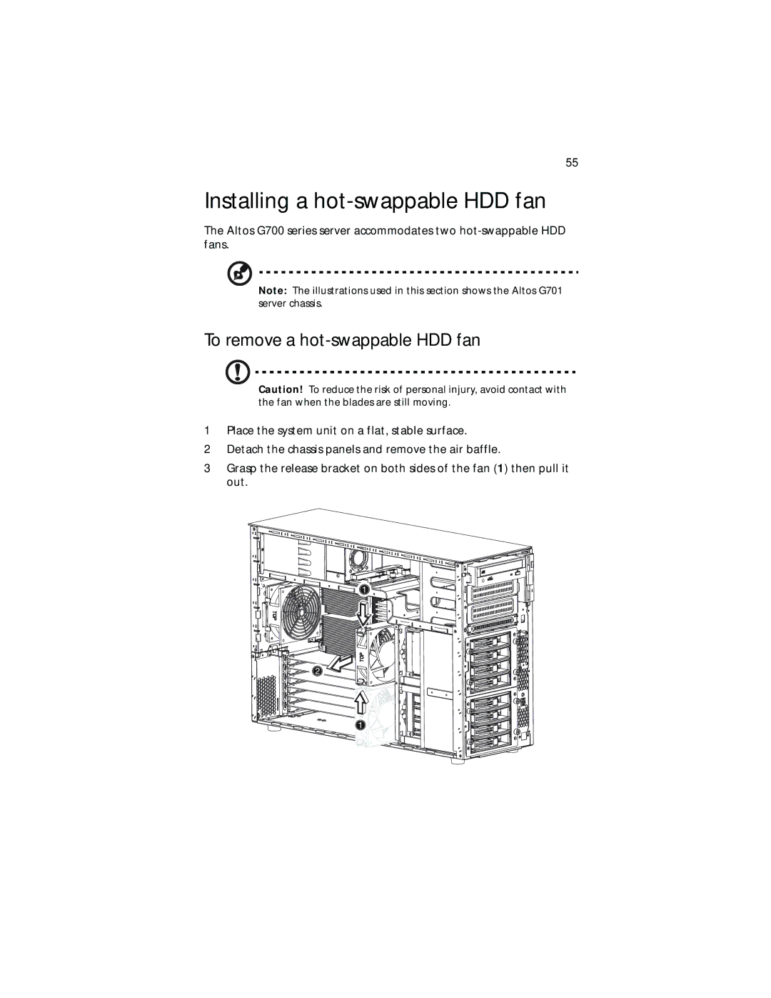 Acer G701, G700 series manual Installing a hot-swappable HDD fan, To remove a hot-swappable HDD fan 