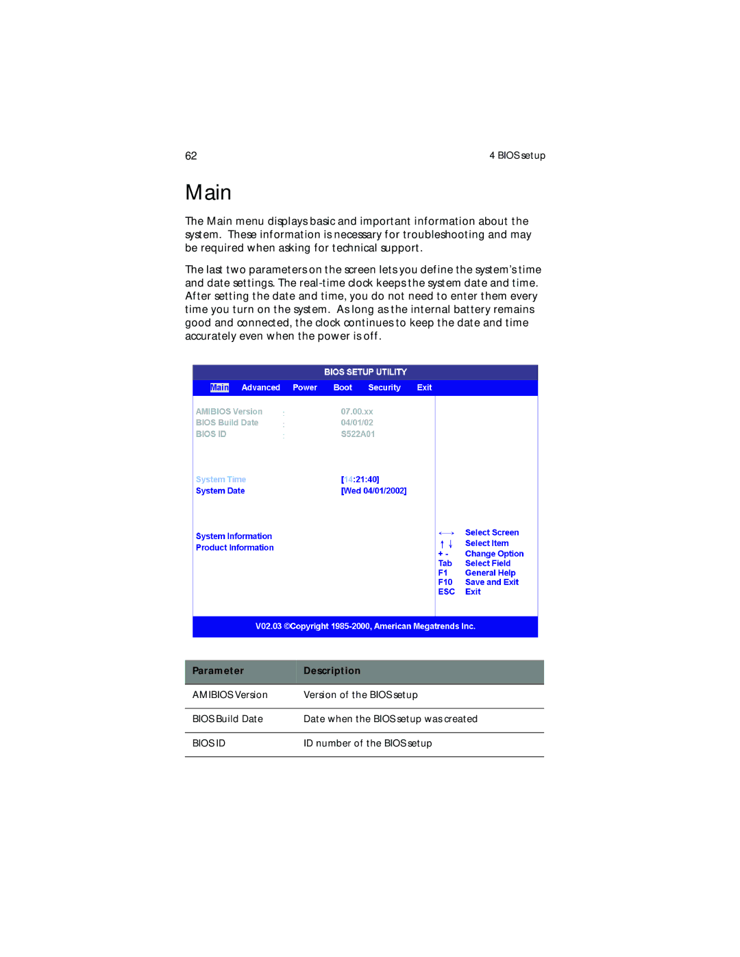 Acer G700 series, G701 manual Main, Parameter Description 