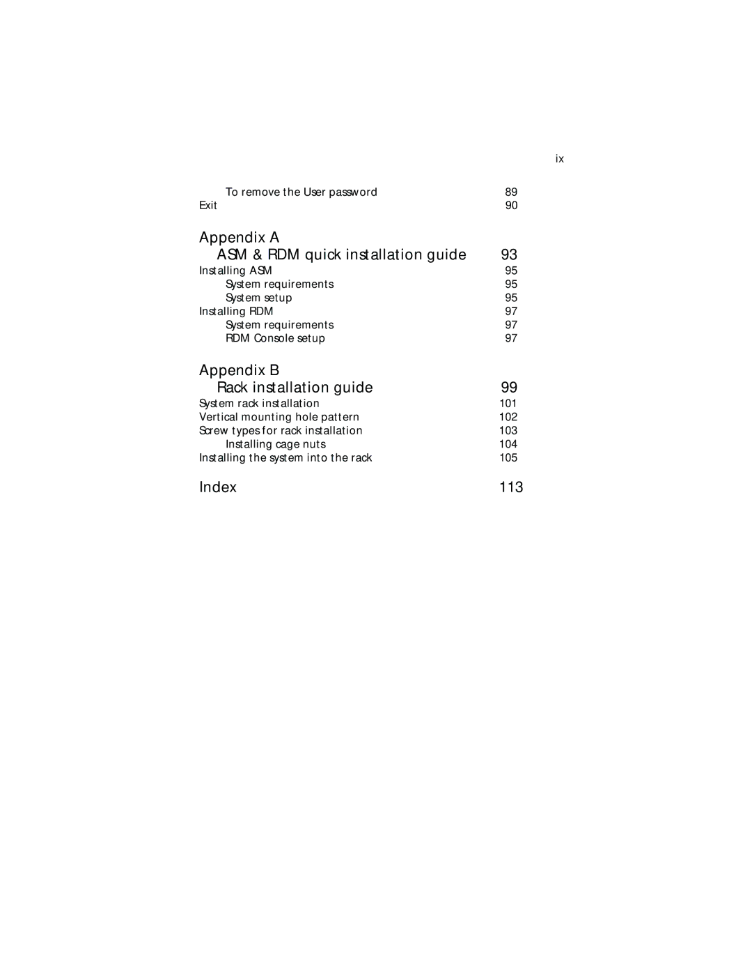 Acer G701, G700 series manual Appendix a ASM & RDM quick installation guide, Appendix B Rack installation guide, Index 113 