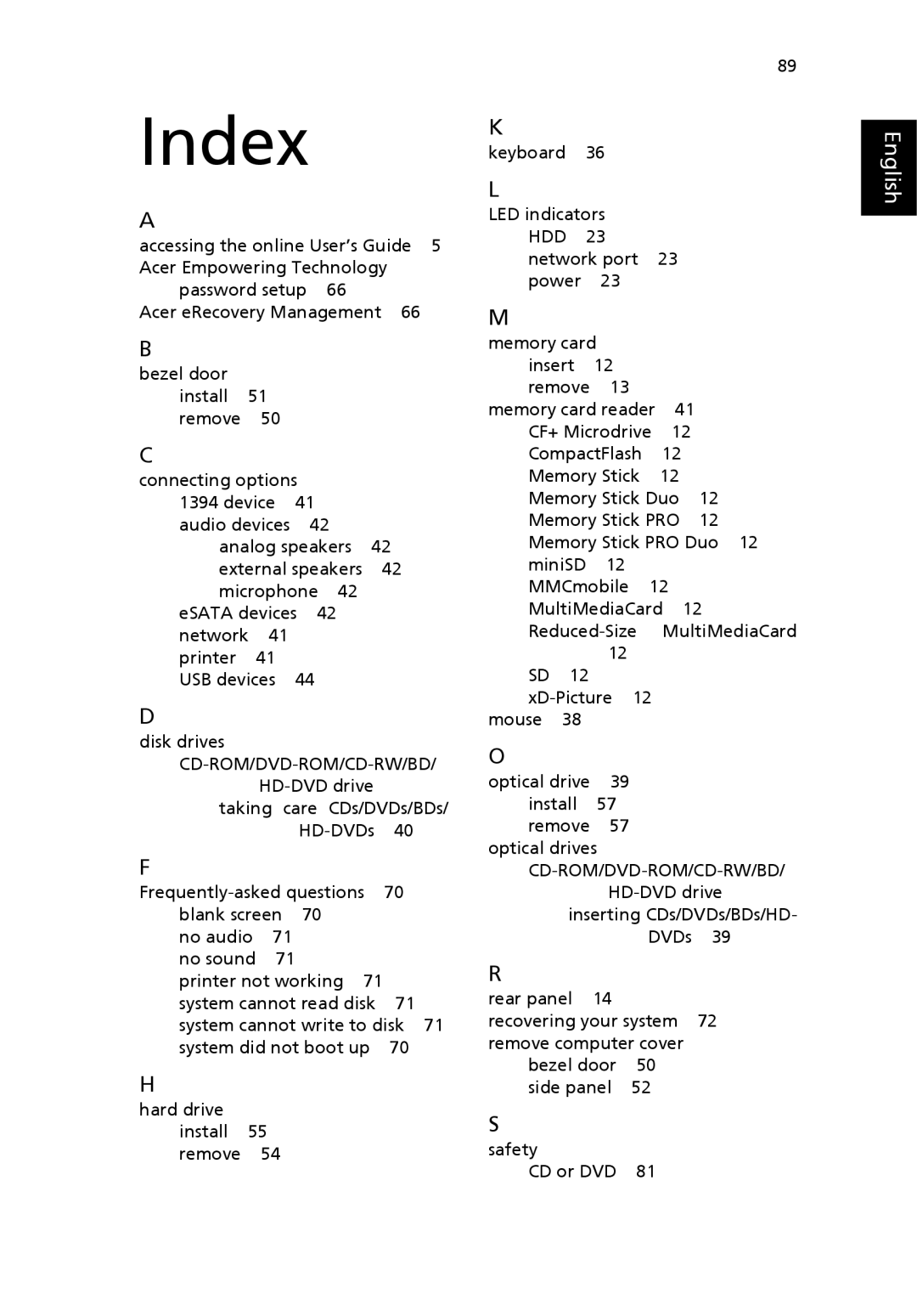 Acer G7710 SERIES manual Index 