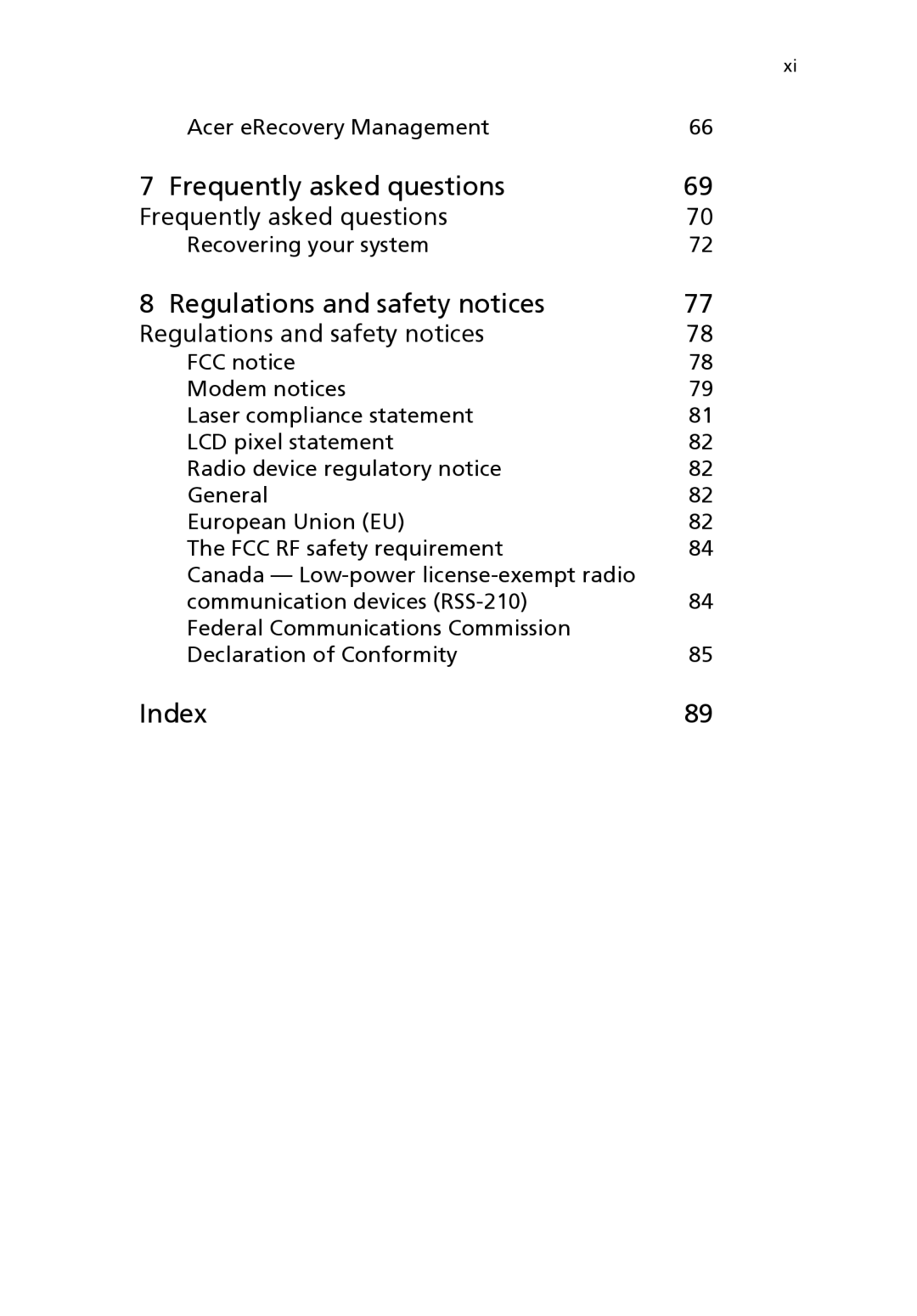 Acer G7710 SERIES manual Frequently asked questions, Regulations and safety notices, Index, Acer eRecovery Management 