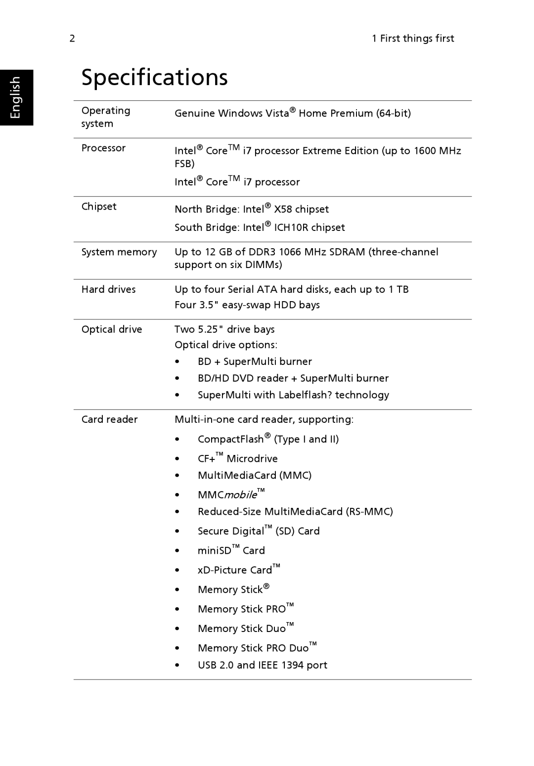 Acer G7710 SERIES manual Specifications, Fsb 