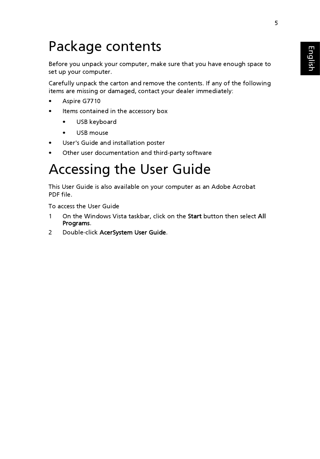 Acer G7710 SERIES manual Package contents, Accessing the User Guide 