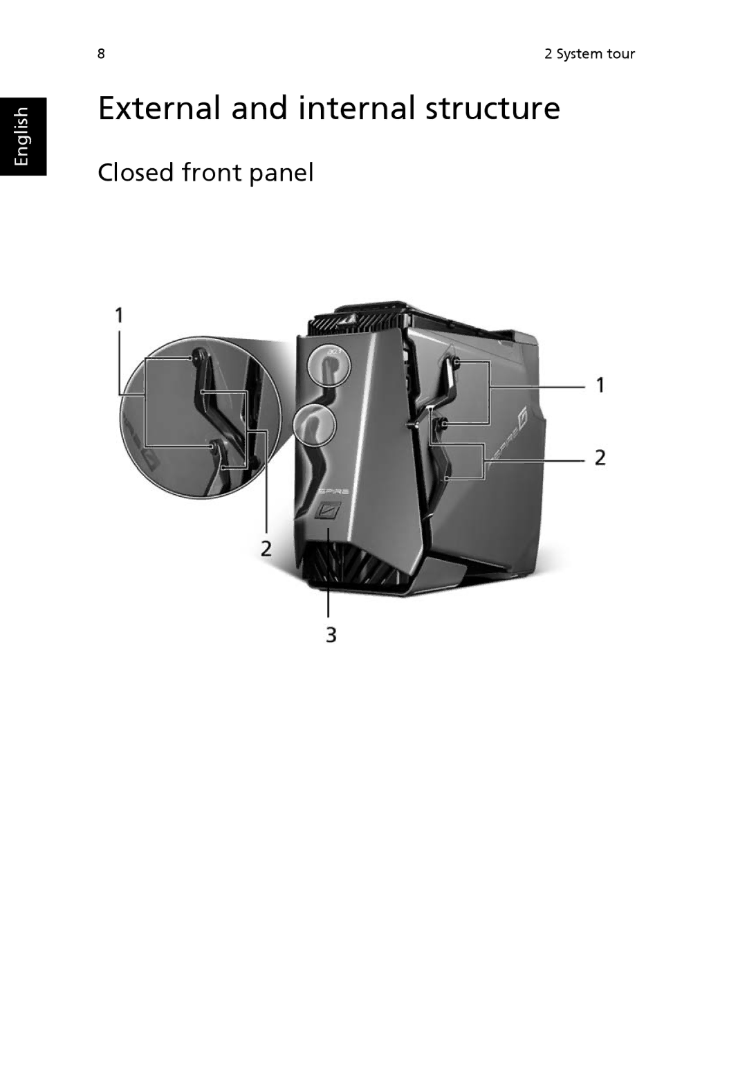 Acer G7710 SERIES manual External and internal structure, Closed front panel 