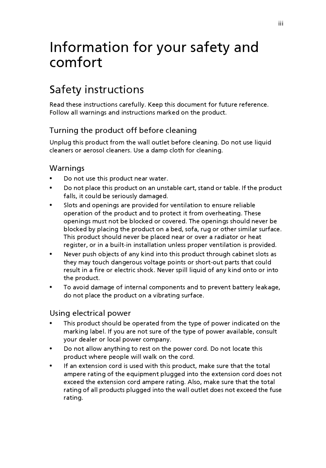 Acer G7710 SERIES Information for your safety and comfort, Safety instructions, Turning the product off before cleaning 