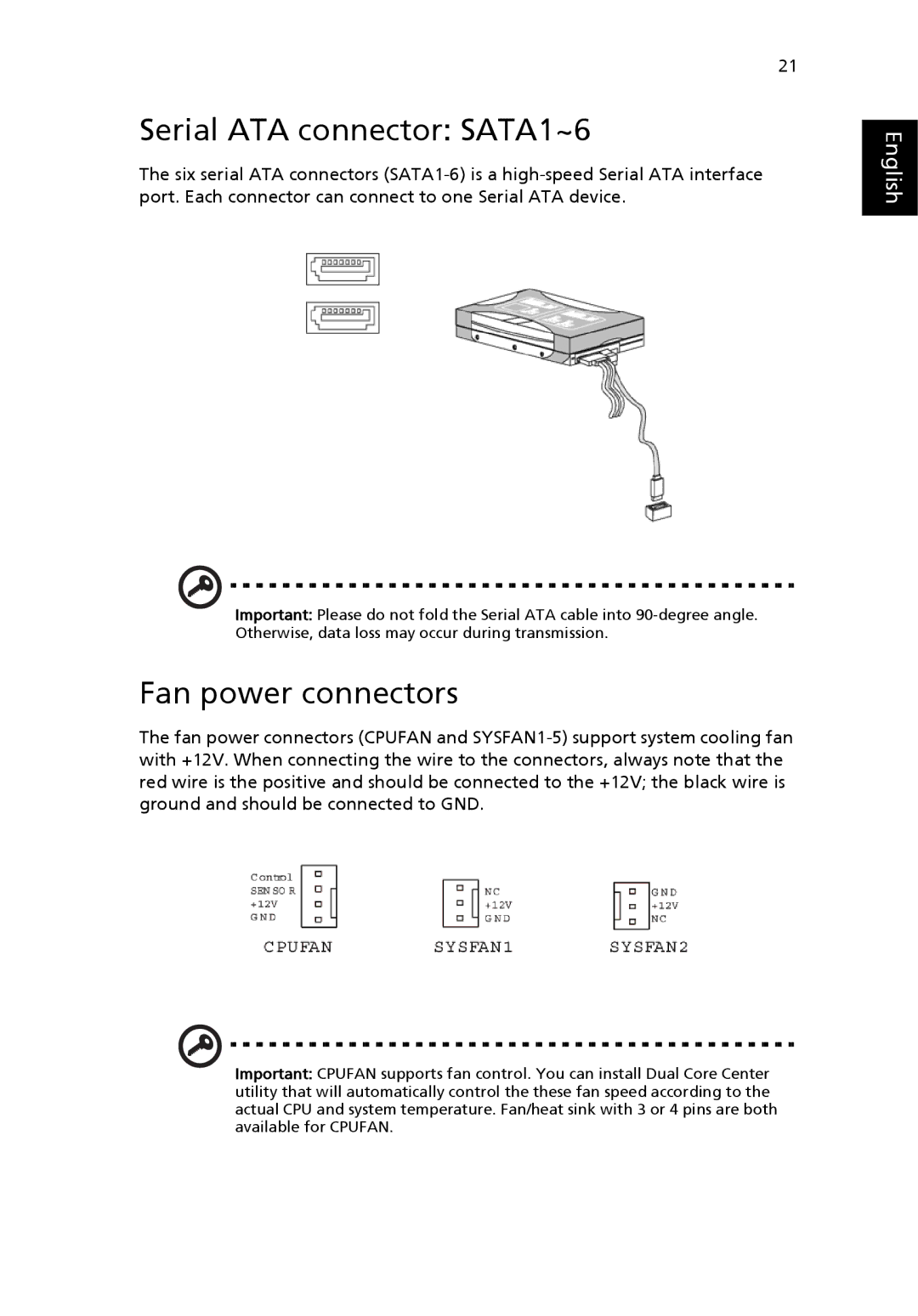 Acer G7710 SERIES manual Serial ATA connector SATA1~6, Fan power connectors 