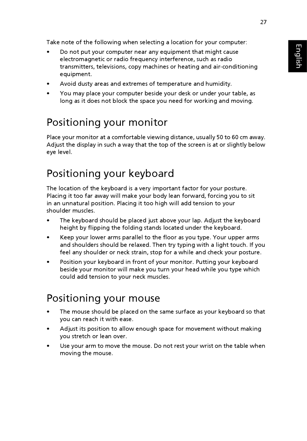 Acer G7710 SERIES manual Positioning your monitor, Positioning your keyboard, Positioning your mouse 