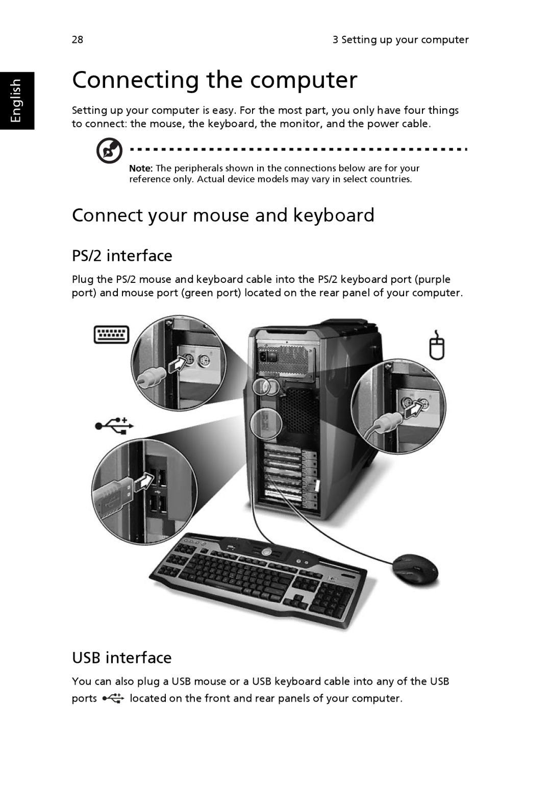 Acer G7710 SERIES manual Connecting the computer, Connect your mouse and keyboard, PS/2 interface, USB interface 