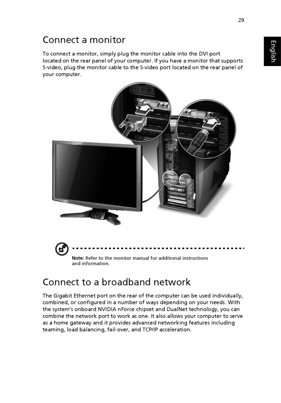 Acer G7710 SERIES manual Connect a monitor, Connect to a broadband network 