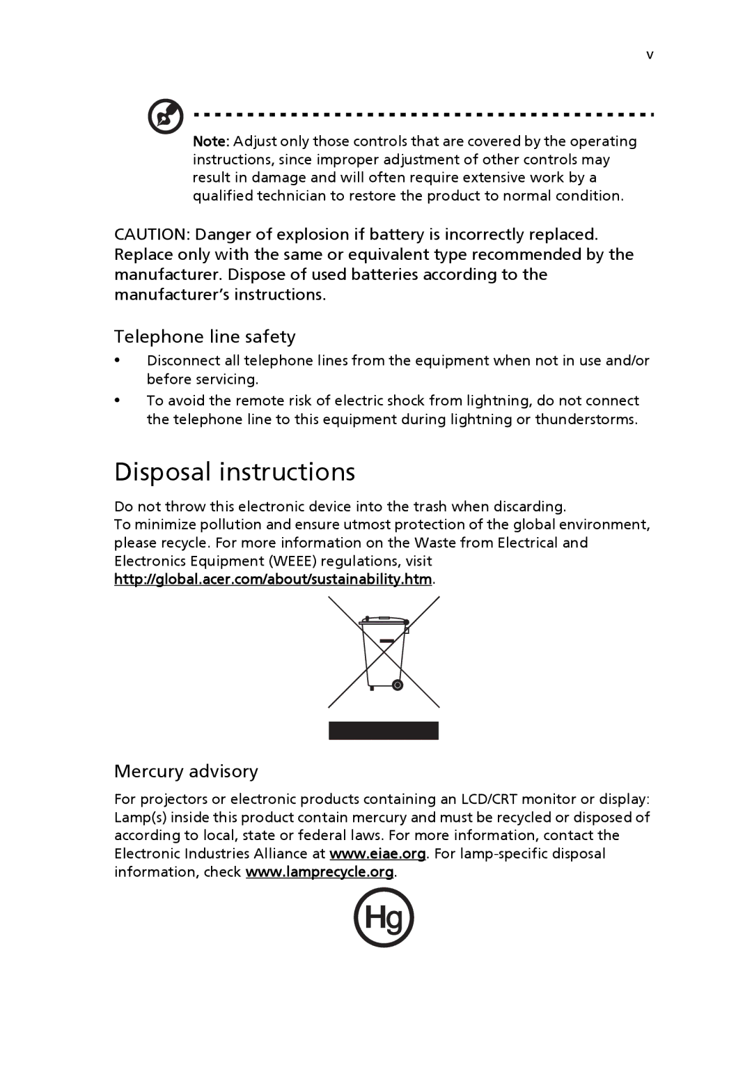 Acer G7710 SERIES manual Disposal instructions, Telephone line safety, Mercury advisory 