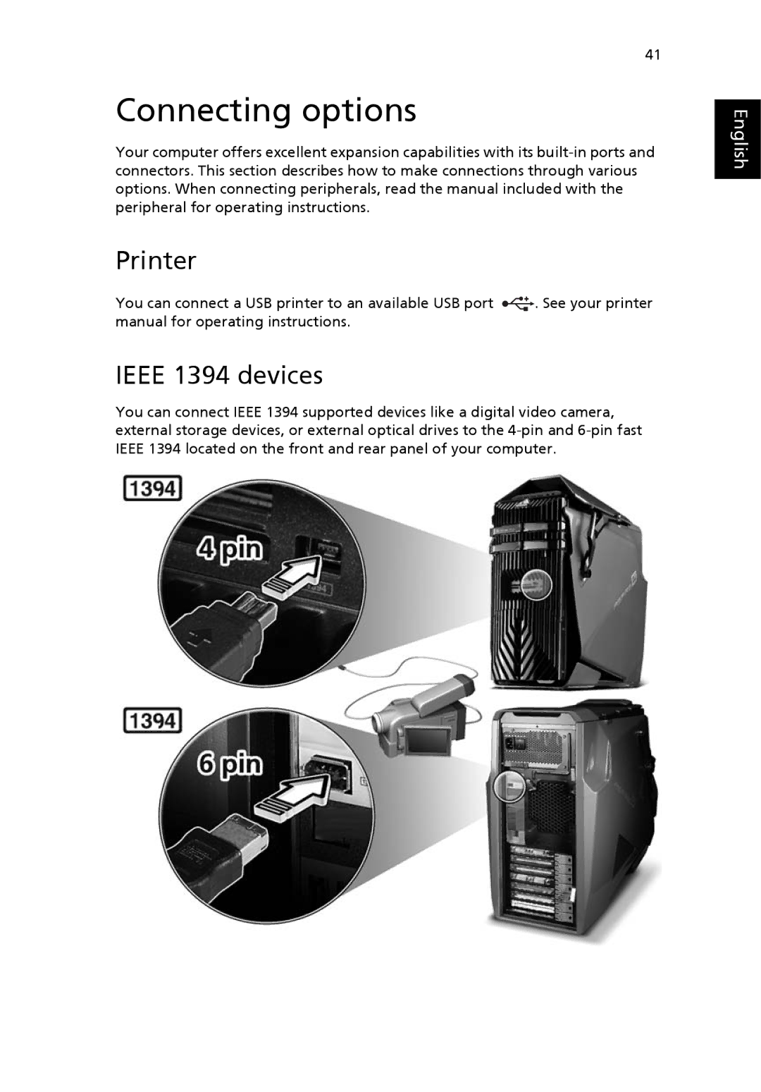 Acer G7710 SERIES manual Connecting options, Printer, Ieee 1394 devices 