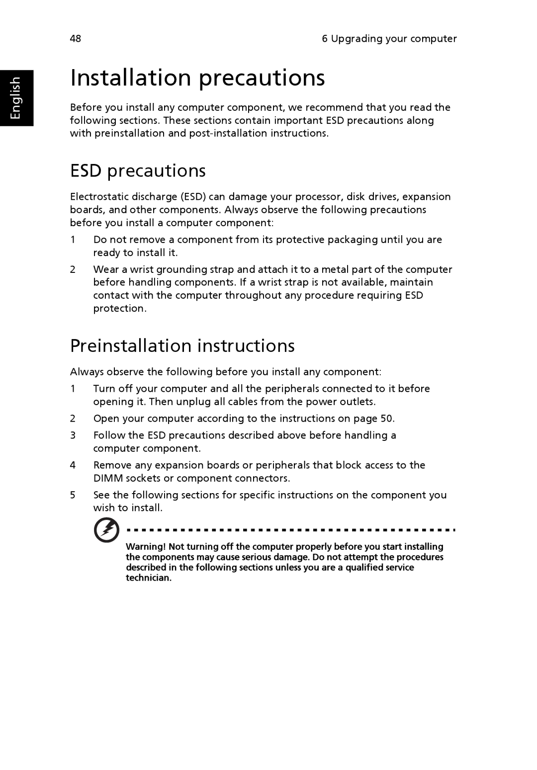 Acer G7710 SERIES manual Installation precautions, ESD precautions, Preinstallation instructions 