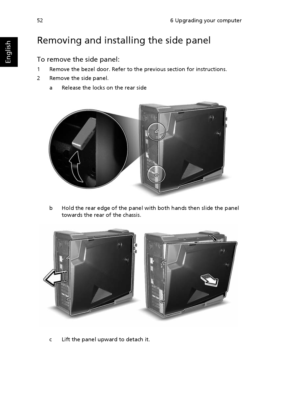 Acer G7710 SERIES manual Removing and installing the side panel, To remove the side panel 