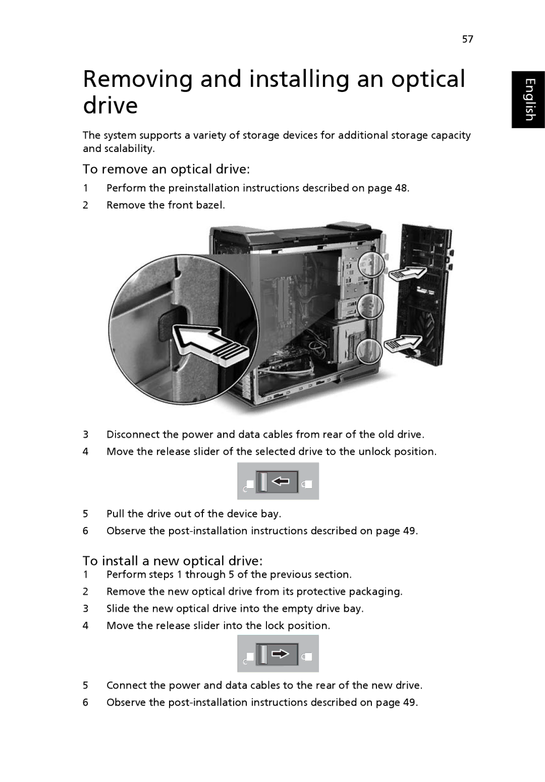 Acer G7710 SERIES Removing and installing an optical drive, To remove an optical drive, To install a new optical drive 