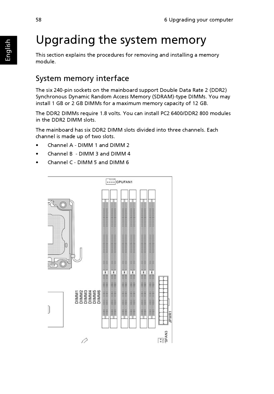 Acer G7710 SERIES manual Upgrading the system memory, System memory interface 