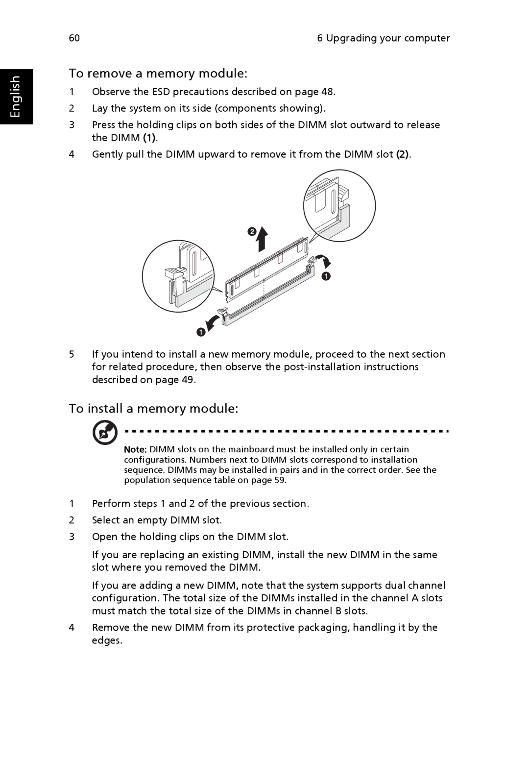 Acer G7710 SERIES manual To remove a memory module, To install a memory module 