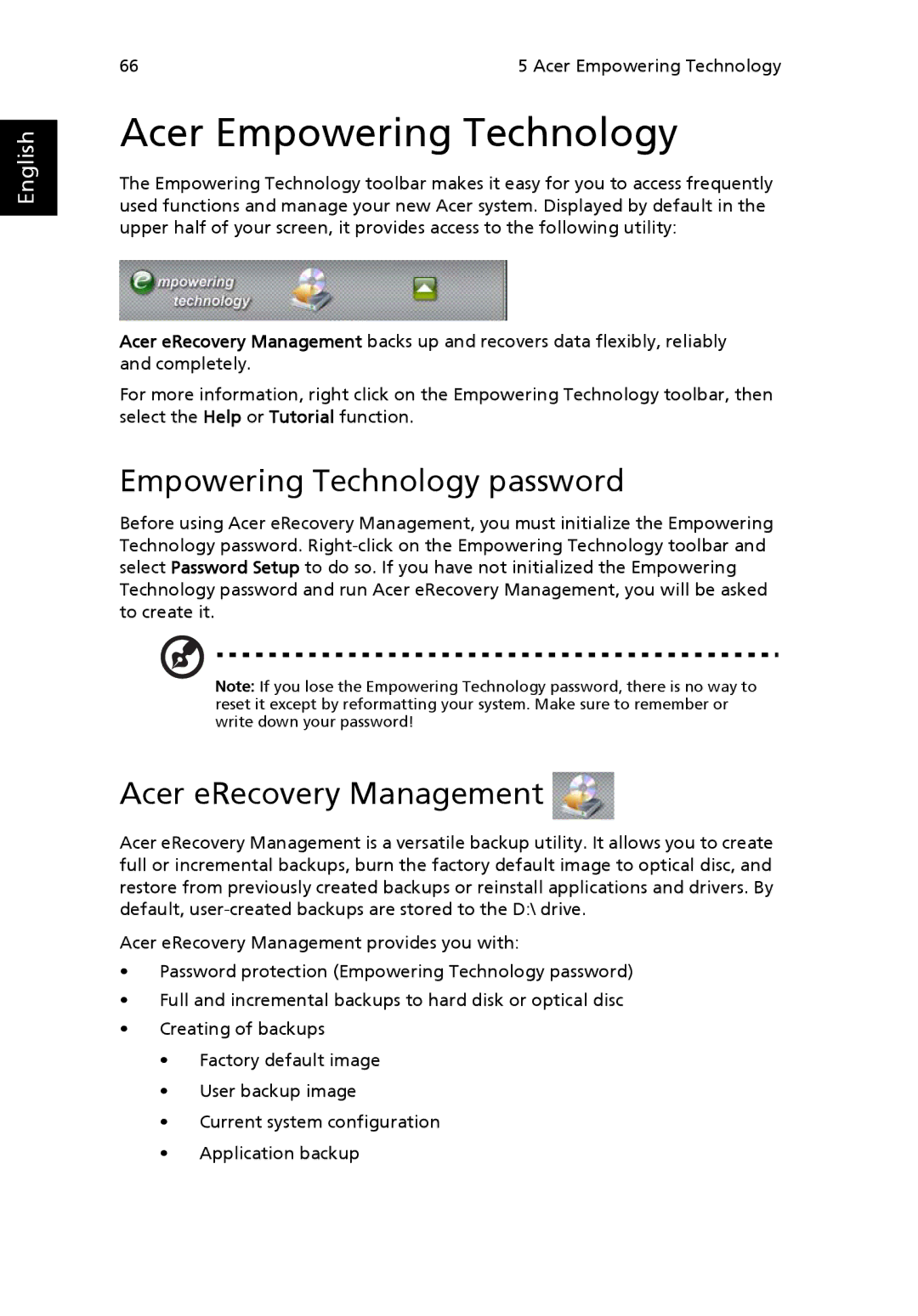 Acer G7710 SERIES manual Acer Empowering Technology, Empowering Technology password, Acer eRecovery Management 