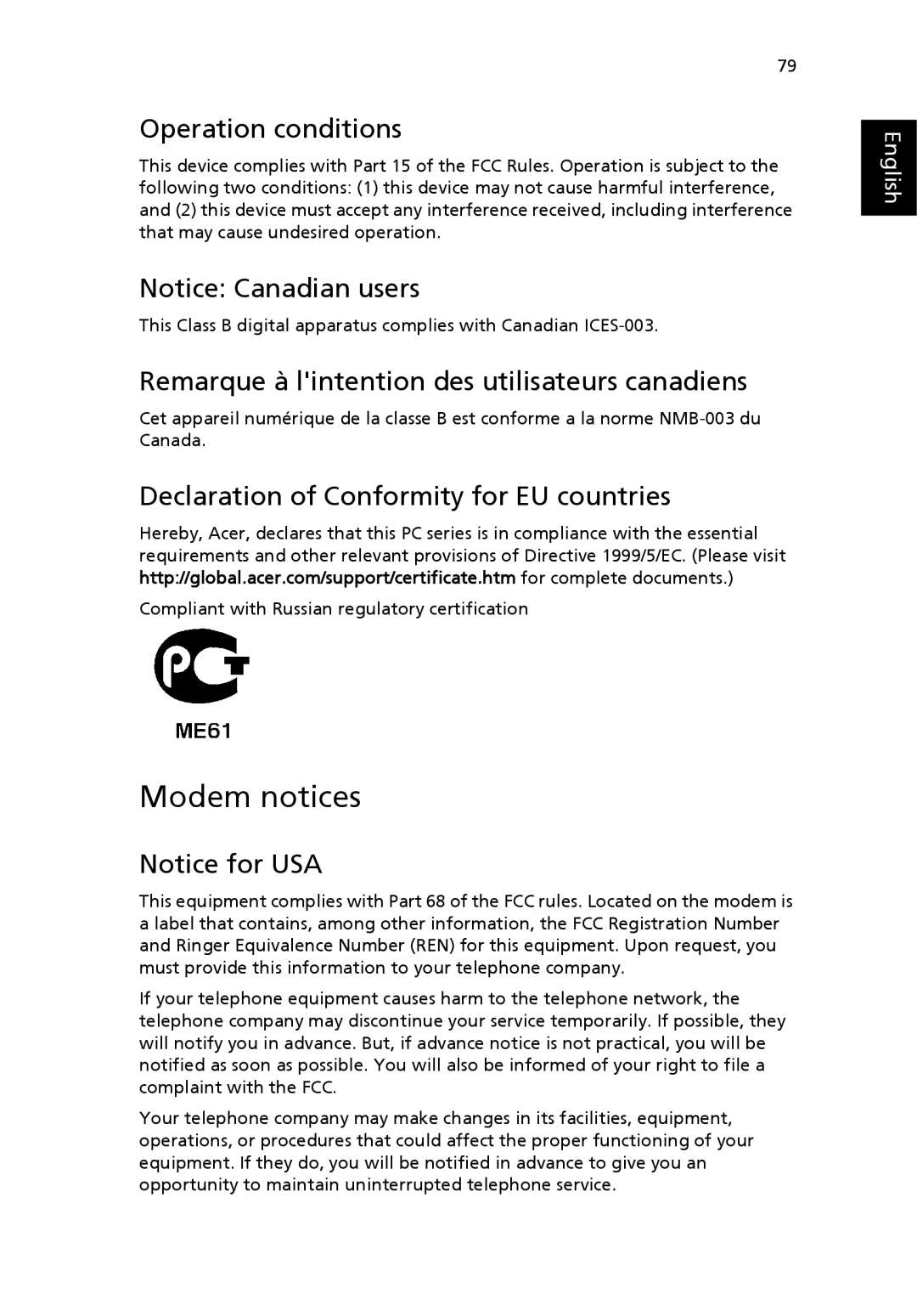 Acer G7710 SERIES manual Modem notices, Operation conditions, Remarque à lintention des utilisateurs canadiens 