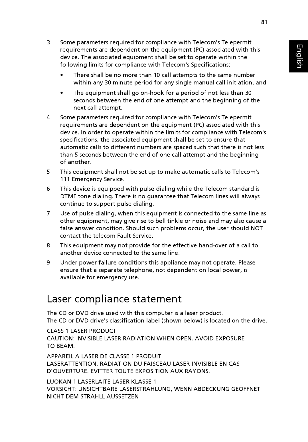 Acer G7710 SERIES manual Laser compliance statement 