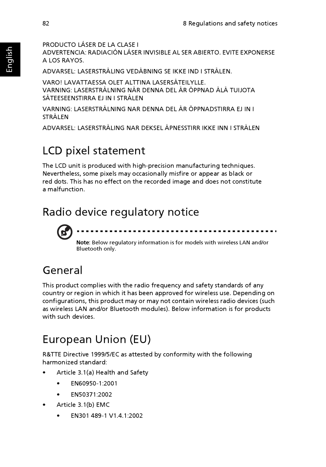 Acer G7710 SERIES manual LCD pixel statement, Radio device regulatory notice General, European Union EU 