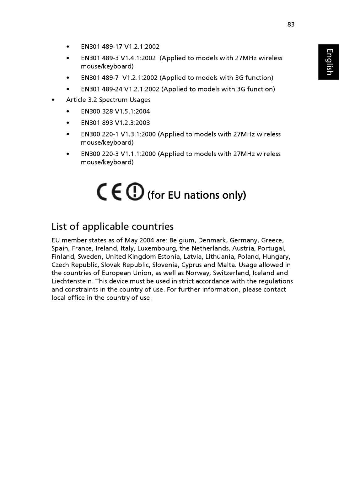 Acer G7710 SERIES manual List of applicable countries 