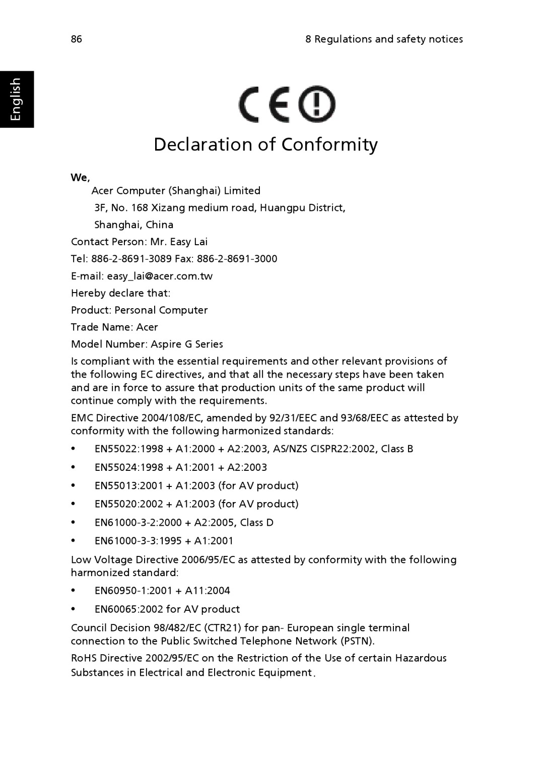 Acer G7710 SERIES manual Declaration of Conformity 