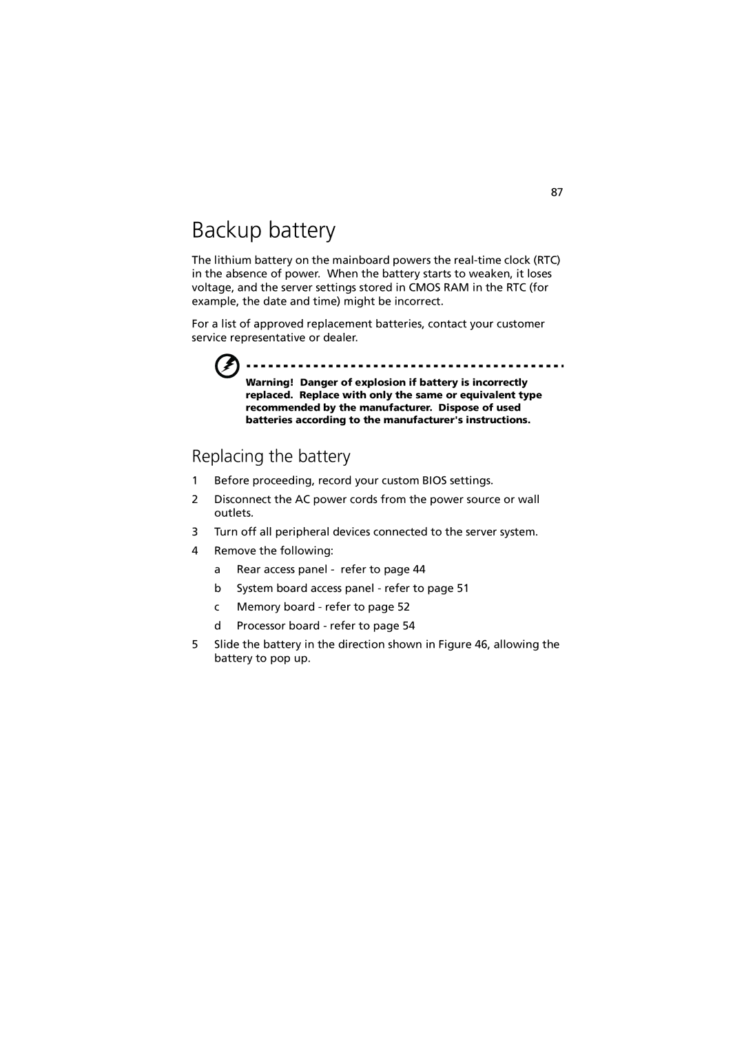 Acer G901 manual Backup battery, Replacing the battery 